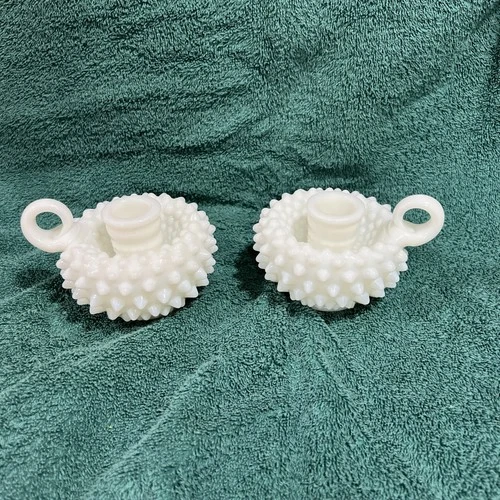 Vintage Hobnail Milk Glass Chamberstick Finger Loop Candle Holders White Pair