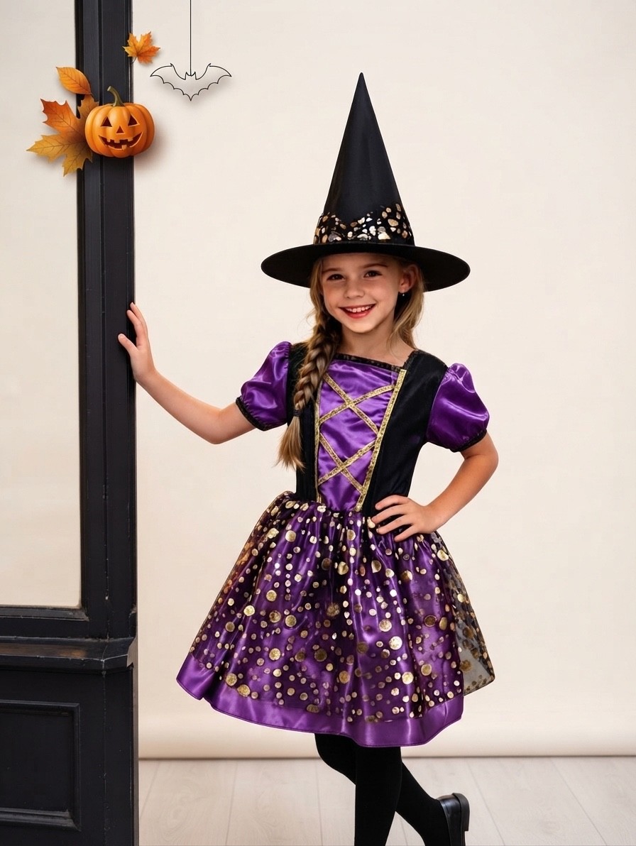 Disfraz de bruja disfraz infantil Halloween vestido sombrero NUEVO púrpura negro disfraz de bruja