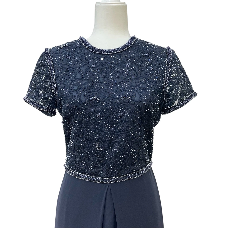 Vestido Formal Largo Carolina Herrera Vintage Talla 6 Azul Cuentas Lentejuelas Seda Gasa Foto 2 de 4