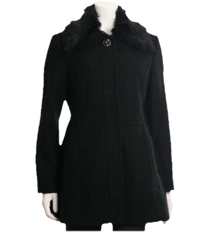 Abrigo Jessica Simpson Walker Mujer XL Negro Cuello de Piel Sintética Cierre a Presión Foto 2 de 4