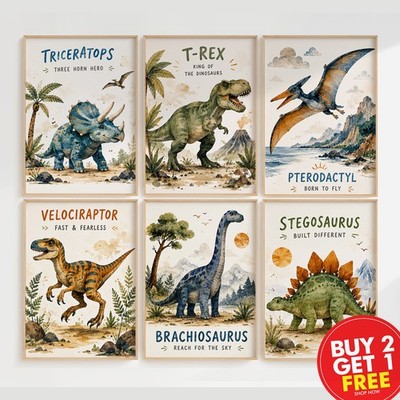 Süßes Poster Dinosaurier Deko Druck T Rex Triceratops Kinder Jungen Schlafzimmer