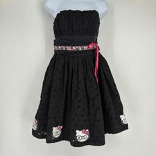 Vintage Y2K Betsey Johnson 10 Hello Kitty Eyelet Black Sleeveless Mini Dress Bow