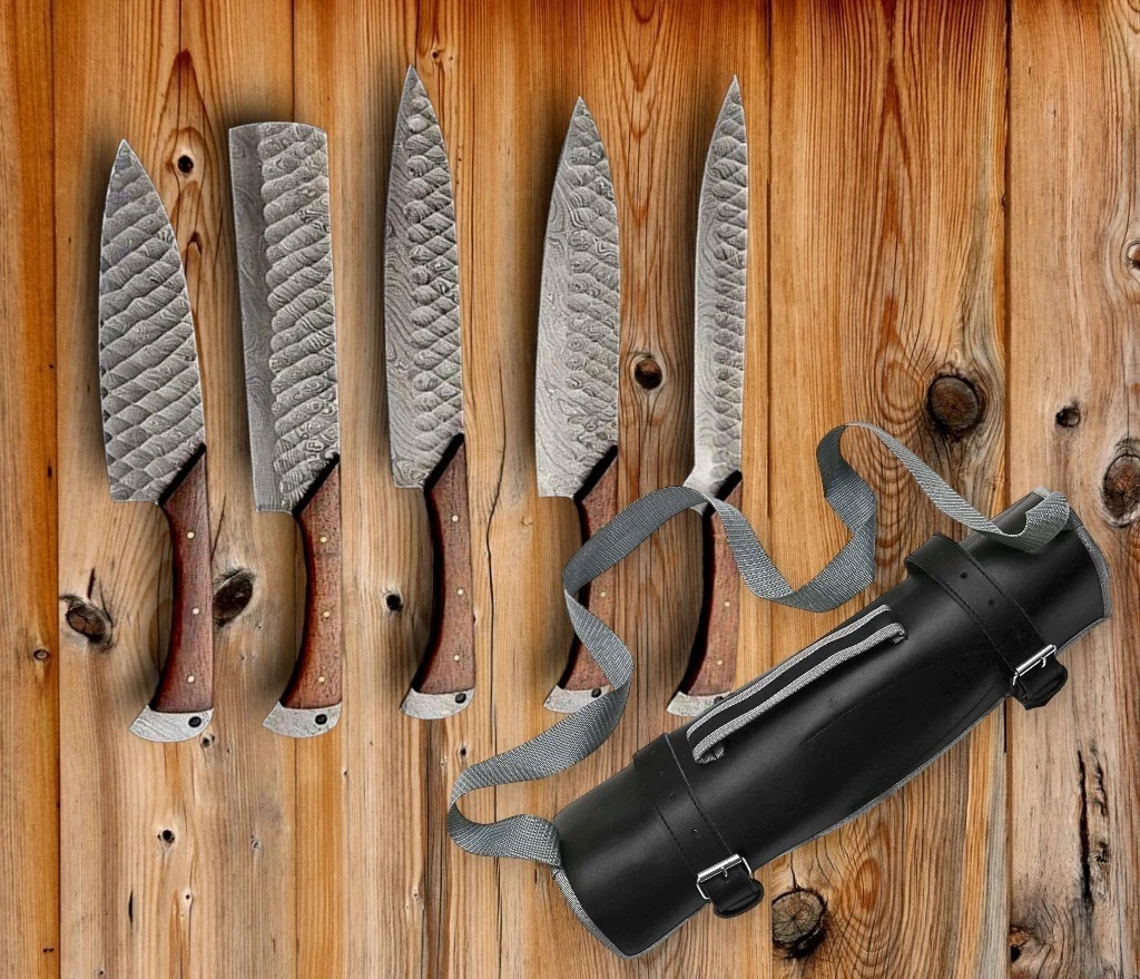 Custom Handmade Forged Damascus Steel Chef Knife 5Pcs set With Leather Sheath