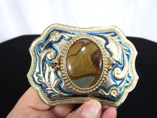 Vintage Blue  Gold Metal Agate Stone Western Belt Buckle Fits Up Up To 2" Belt