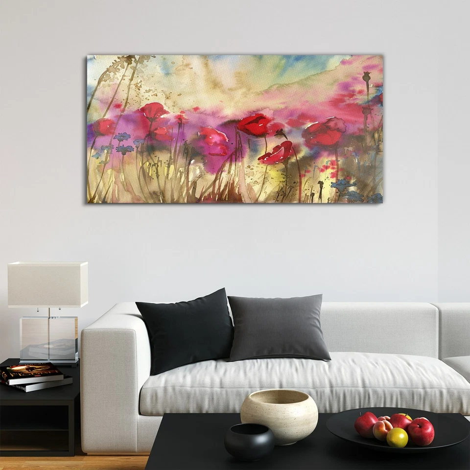 Wandbilder Glasbild Druck auf Glas 120x60 Aquarellbilder Mohnblumen Kornblumen - Bild 2 von 4