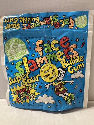 Vintage 1991 FACE SLAMMERS Super Sour Fruit Flavors Bubble Gum Pouch--NOS-Sealed