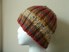 Hand knitted cozy and warm wool hat, rusty/gray/yellow/cream