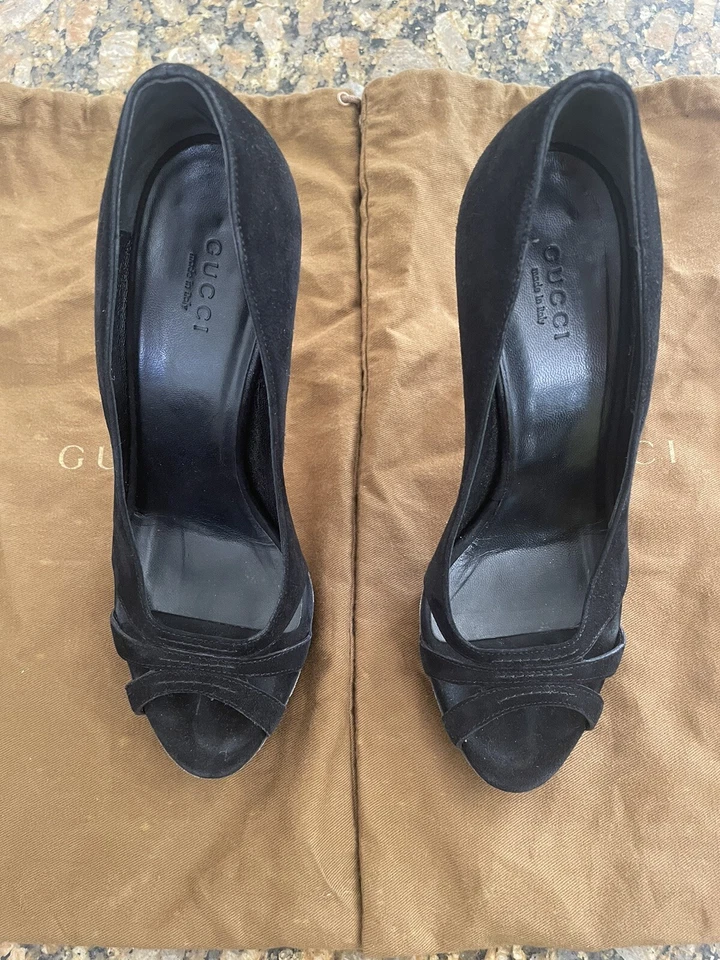 Gucci Women Sexy High Heel Platinum Sz 36.5 Leather Shoe Peep Toe Suede Italian - Image 2 of 4