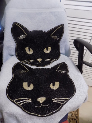 2 Halloween Black Beaded Kitty Cat 15'' Placemats New With Sticker