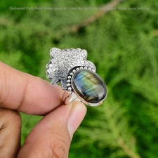 925 Silver Natural Labradorite Statement Wife Bezel Anniversary New Ring Jewelry