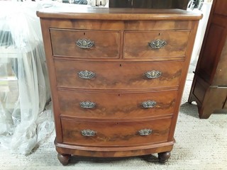 Antique Victorian Bow Fronted Flame Mahogany Five Drawer Chest Of Drawers