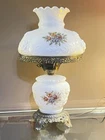 Vintage Hurricane Lamp Milk Glass Painted & Embossed Rose Design 3Way 18.5"