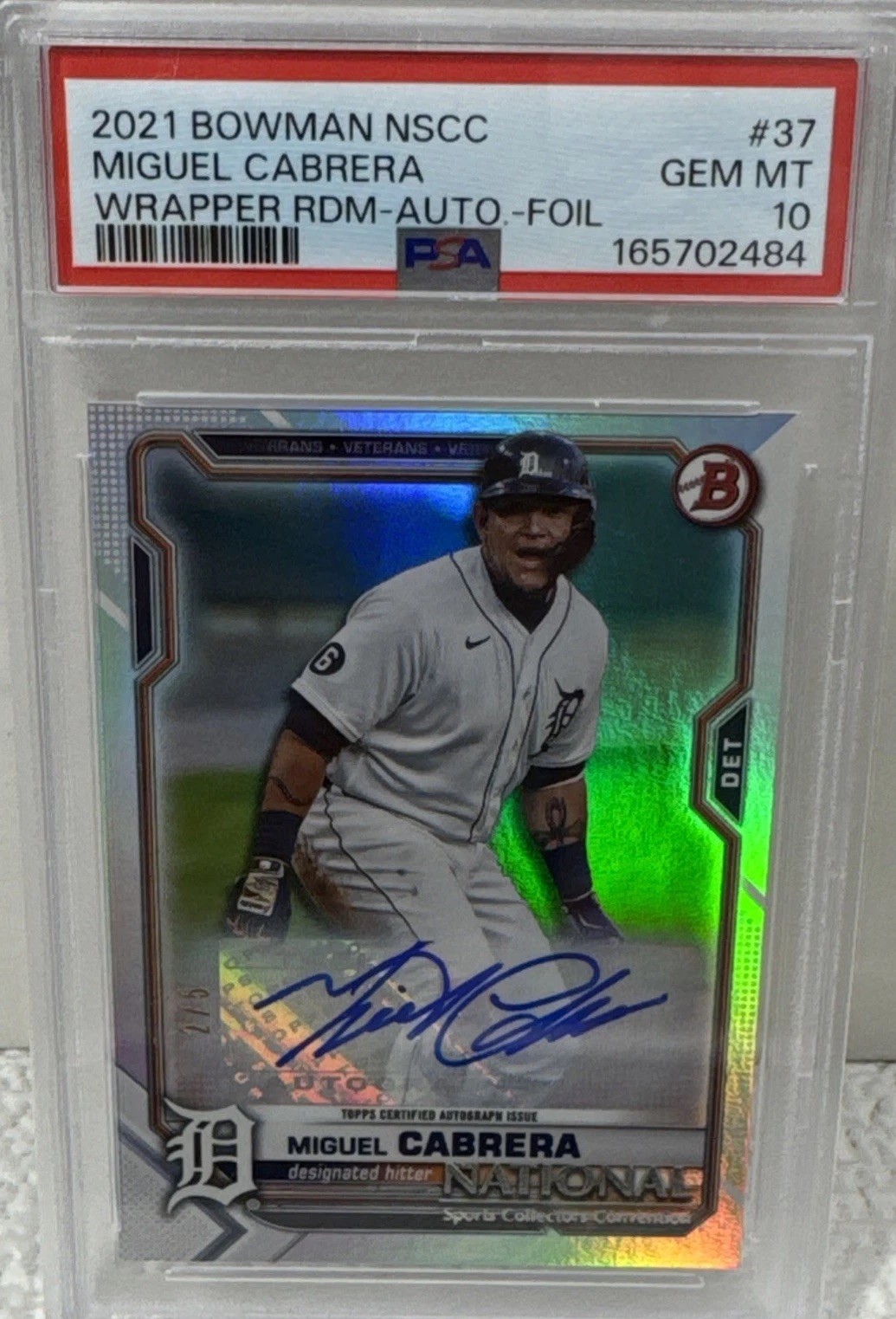2021 Bowman NSCC Miguel Cabrera Auto Foil 2/5 PSA 10 Tigers Wrapper Redemption