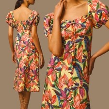 Anthropologie x Farm Rio Puff Sleeve Sweetheart Linen Midi Dress Womens M Floral