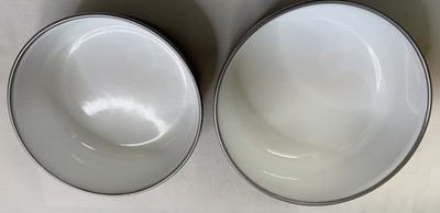 Enamel Ceramic Vintage Set of 2 Bowls Metal Rim Solid Blue Color White Inside