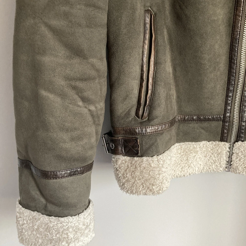 Womens Faux Suede Shearling Jacket Coat Small Aviator Green - Image 4 of 4