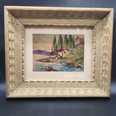 Vintage Cottage Needlepoint In Wood Gold Frame 13.5x12'' Gallery Granny 
