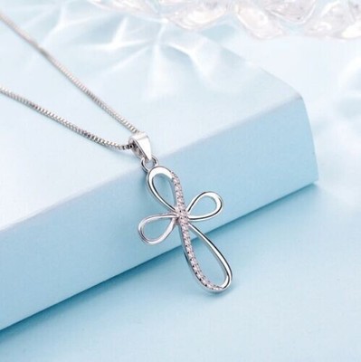 050Ct Lab Created Diamond Round Infinity Cross Pendant 14K White Gold Plated 18'