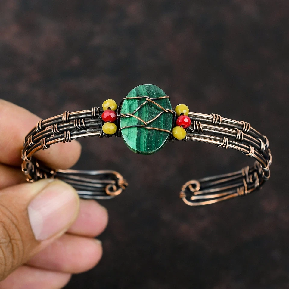 Brazalete madre cuentas coral amarillo y rojo piedra malaquita rusa cobre joyería Foto 2 de 4