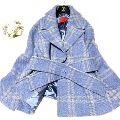 Max Mara MAX&Co Plaid Pea Coat Jacket Blouson Women Size 48 Gray Blue Rare 