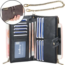 Men Wallet with Anti-Theft Chain RFID Blocking Leather Purse Zipper Phone Holder