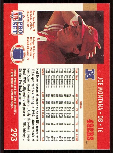 1990 Pro Set #293 Joe Montana - Picture 2 of 2