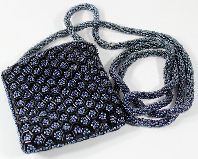 Mini Beaded Evening Shoulder Bag Adini Midnight Blue Seed Bead/Black Bugle Beads
