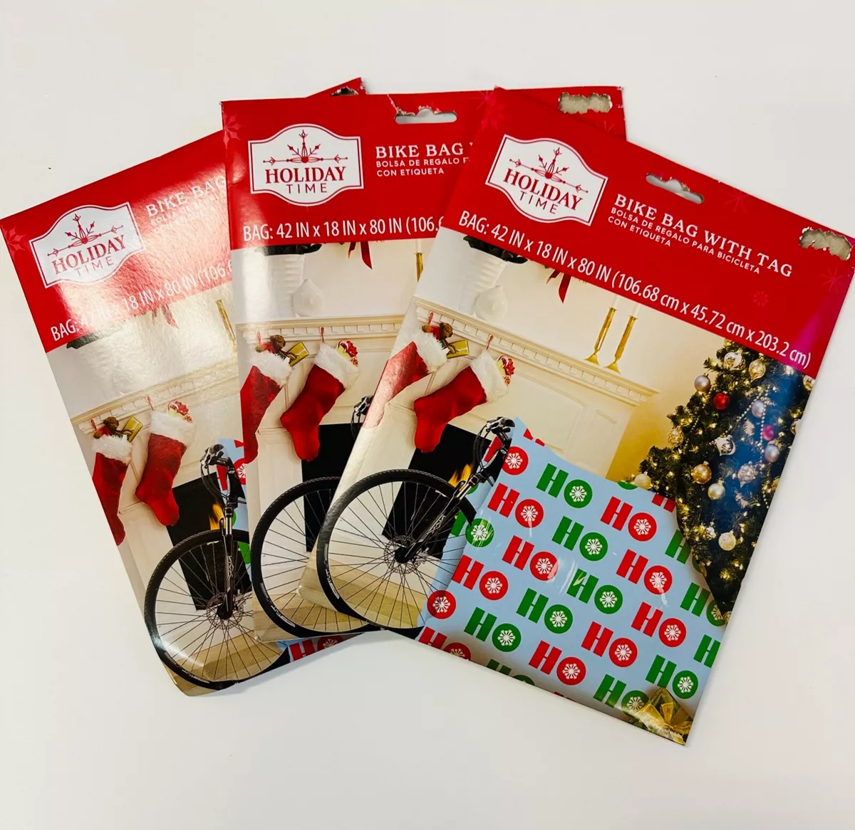 set of 3 Large Bike Gift Bag blue w HO HO HO 80 X 18 X 42 xmas