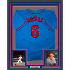 Framed Facsimile Autographed Stan Musial 33x42 Blue Reprint Laser Auto Jersey