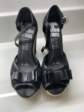 Debenhams Wedges 4 Black Wicker Bow Peep Toe Ankle Strap 37 Summer Holiday Cute