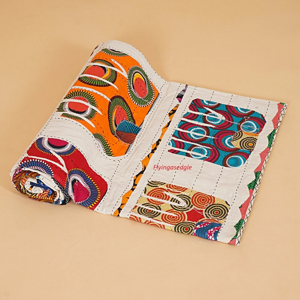 Edredón Art Kantha Queen Hecho a Mano Étnico Reversible Manta Algodón Tiro Bohemio Foto 3 de 4
