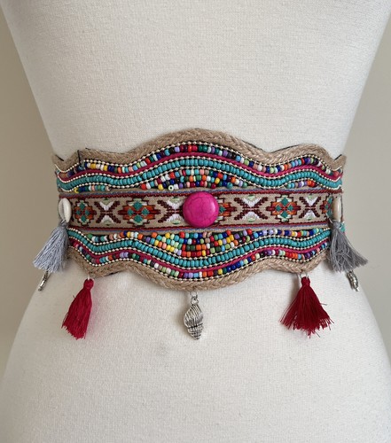 SANTI Stunning Boho Gypsy Western Beaded Belt Size S/M (23" to 34") - 第 2/4 張圖片