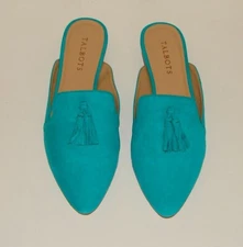 NIB Talbots size 8 vivd jade green suede tassel Edison flat loafer mules slides