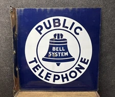 Vtg 1940s 50s Bell System Public Telephone Porcelain Double Side Flange Sign 18”