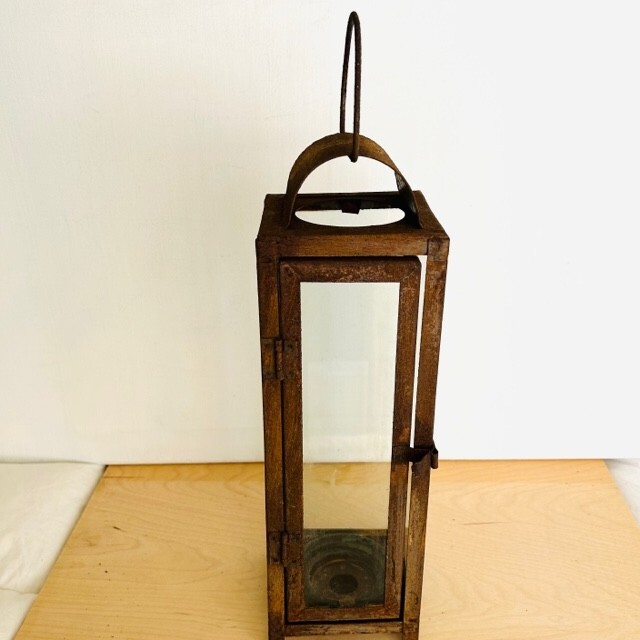 Rustic Lantern Vintage Candle Holder Metal Glass Panels Loop Handle Hang Vent