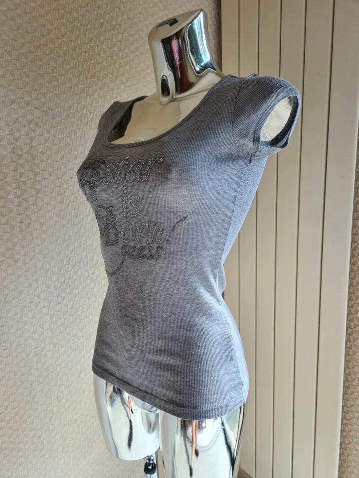 T shirt Guess Manches Courtes Taille S Gris Argenté Strass Brillant Femme - Photo 4/4