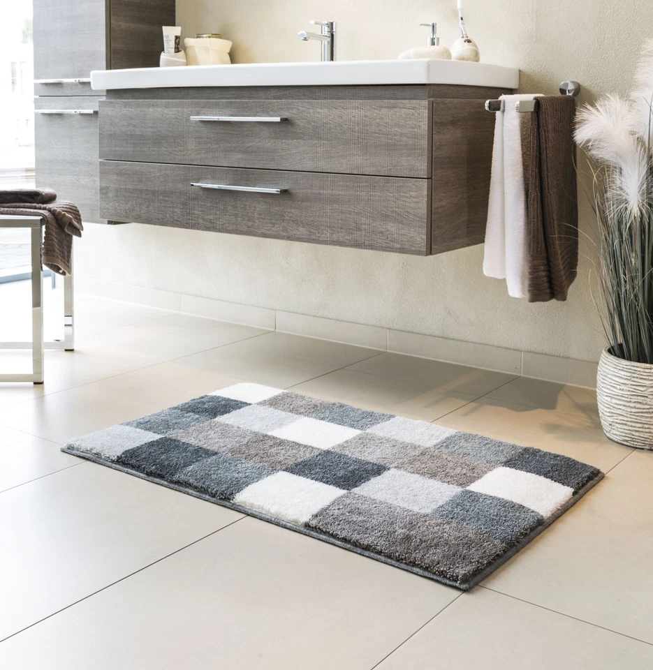 karierter Badteppich grau beige flanell rutschfest waschbar 4 Größen Badvorleger - Bild 2 von 4