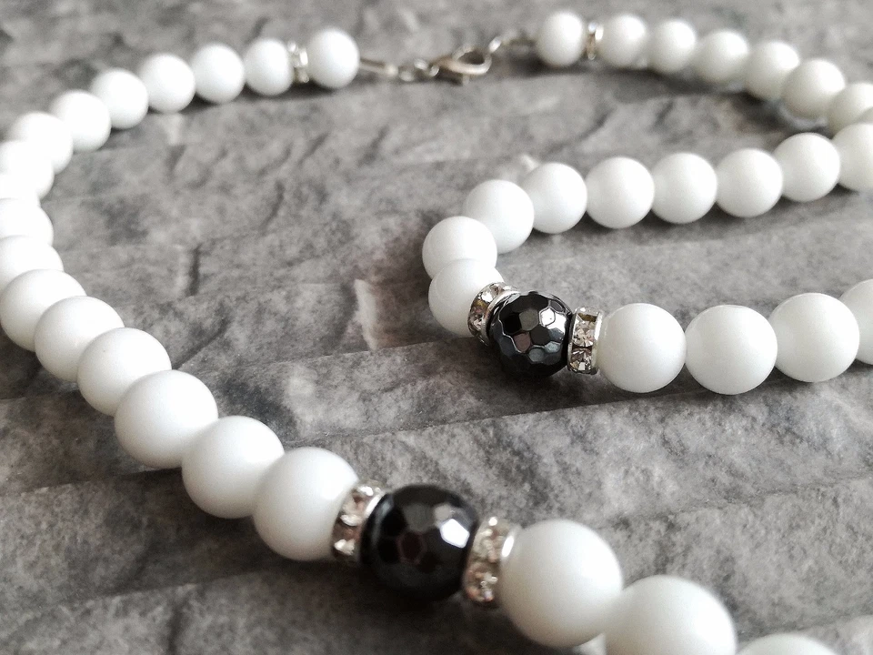 Damenkette Weiße Onyx glanz perlen Kreuz Hämatit Halskette Weisse Rosenkranz - Bild 2 von 4