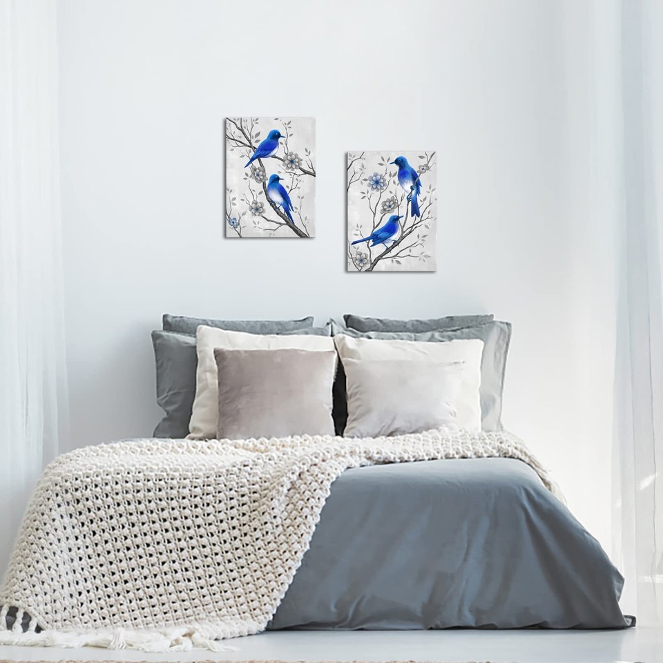 Blue Grey Pictures Wall Decor Blue Bird and Flower Canvas Art Prints