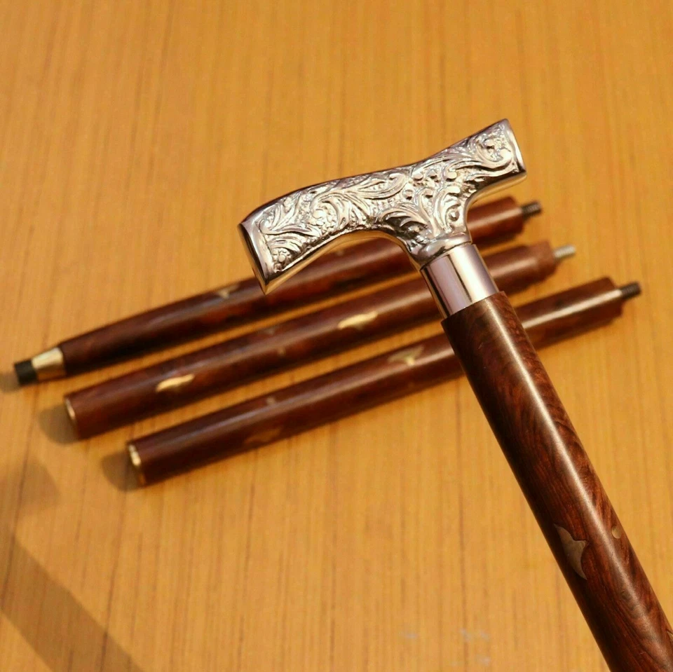 Bastón de madera vintage con mango derby cromado de diseñador hecho a mano  Foto 2 de 3