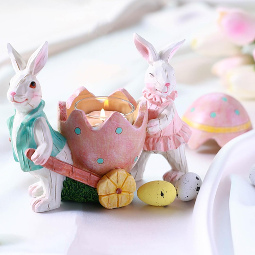 Easter Decorations for Home-5.5'' Bunny Figurines & Egg with Tealight for Spring