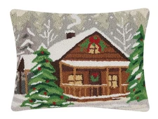 Peking Handicraft Holiday Woods Cabin 20"x16" Hooked Wool Throw Pillow