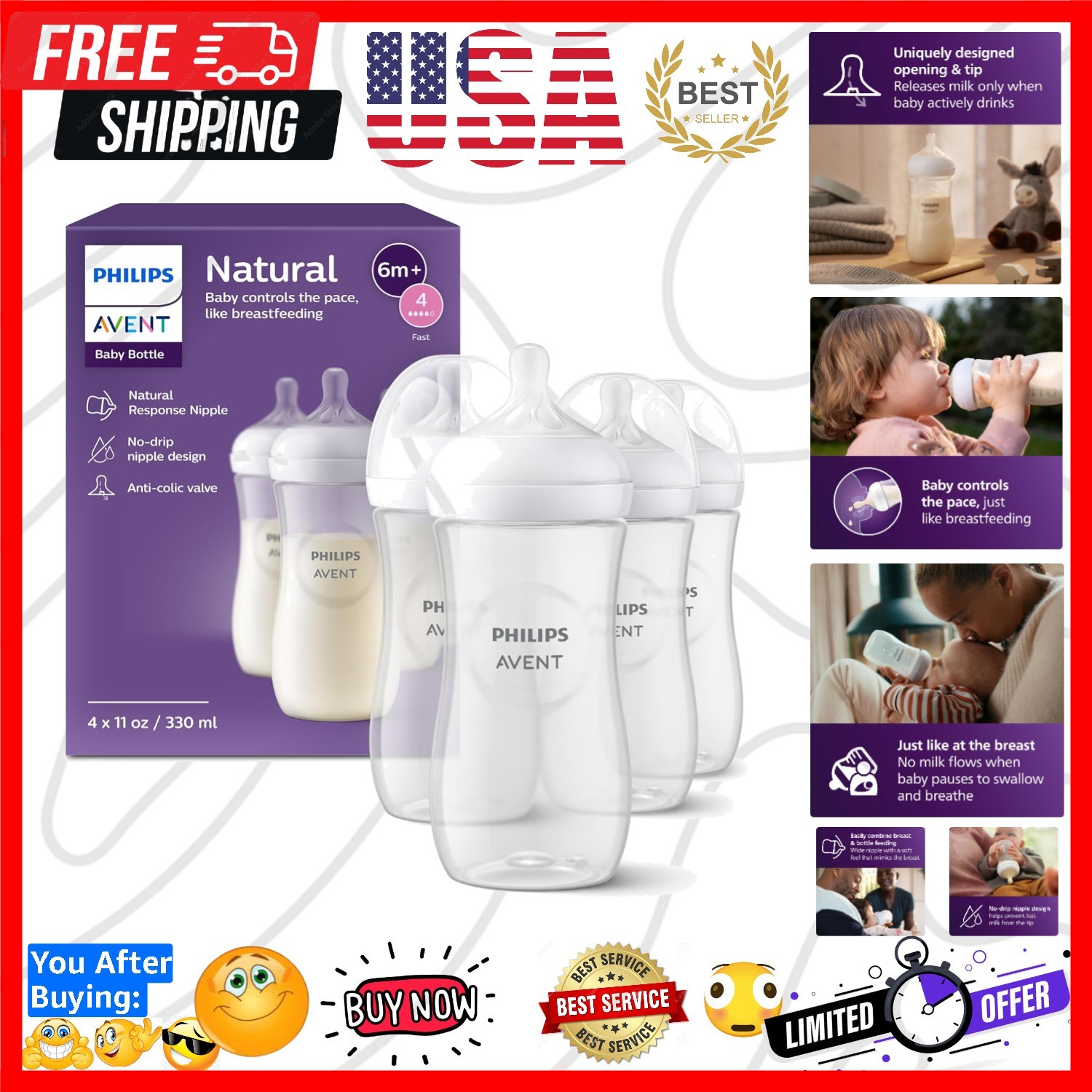 With Natural Response Nipples Fast Flow, Flow 4, 11oz, 4...