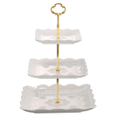 3 Tier Porcelain Cupcake Stand, Tiered Serving Cake Stand, Square White Embossed