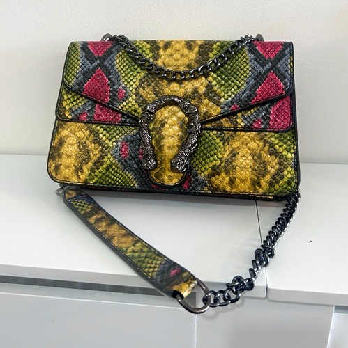 Multicolour Snake Print Faux Leather Crossbody Bag, Chain Strap, Flap, Small