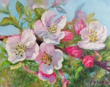 Original oil painting flowers, wall art pink flowers Sakura apple blossoms. G...