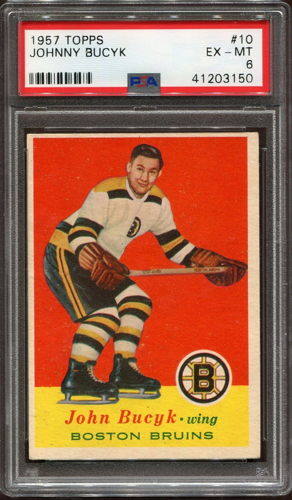 1957-58 Topps #10 Johnny Bucyk Boston Bruins - Rookie Card - PSA 6 ExMt
