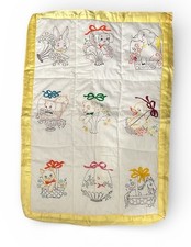 Baby Blanket Quilted Printed Animals Yellow Trim 25" X 35" Vintage