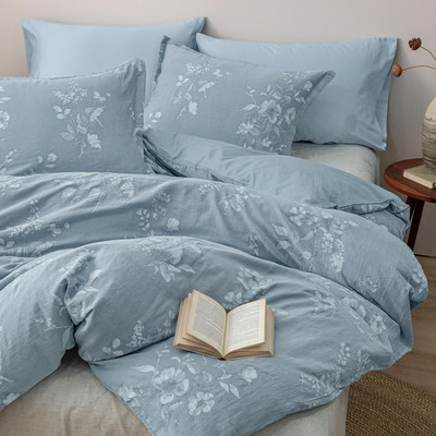 Ultra Soft Stone-Washed King Cotton Duvet Cover Set, Floral Jacquard, Stormy Blu