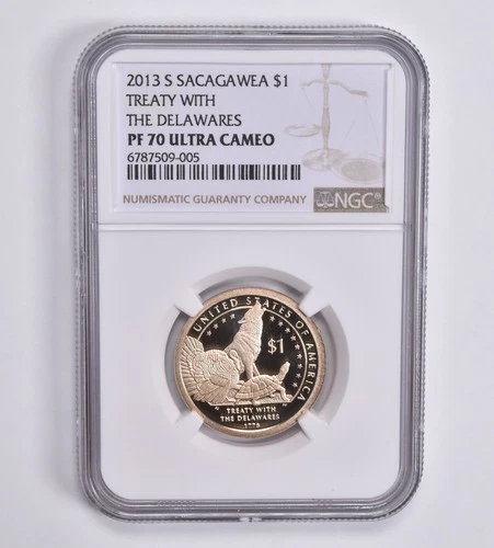 PF70 UCam 2013-S Sacagawea $1 Treaty with the Delawares Brown Lbl NGC *3061